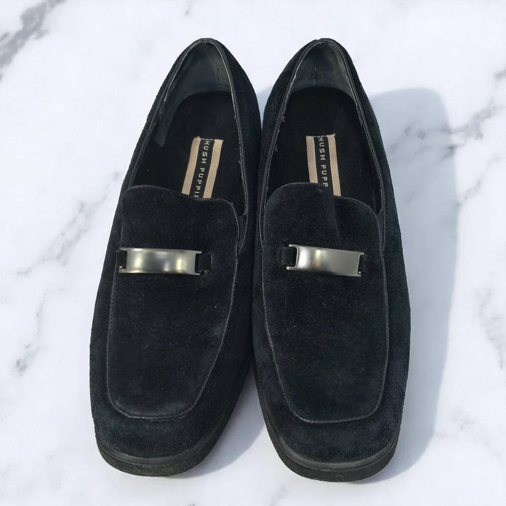 VTG Hush Puppies Suede Loafers Woman 9W Block Heel‎ Comfort Slip On Shoes Preppy